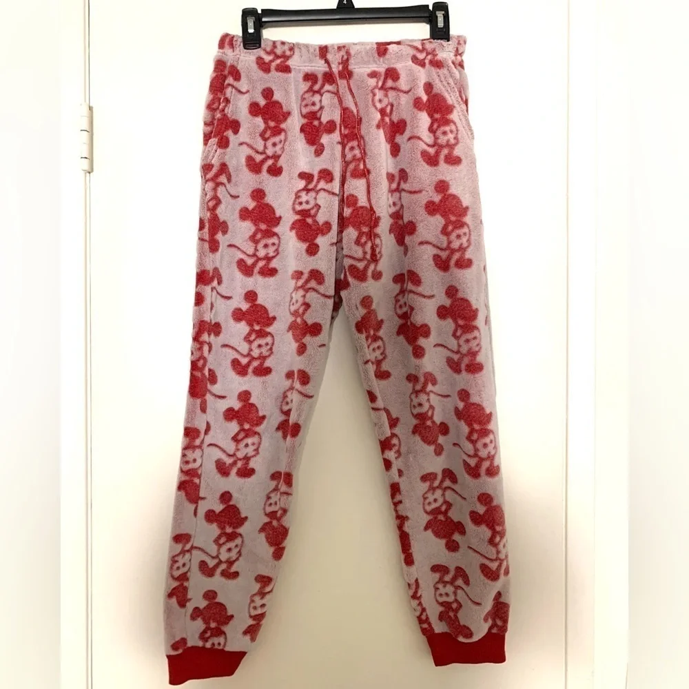Disney Fleece Mickey Mouse Pajama Set Top Pants Red Cream Medium